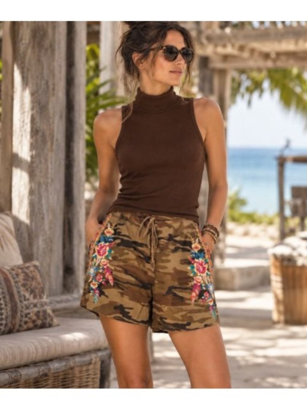 Johnny Was JWLA Imani Camo Linen Shorts Floral Embroidered Boho Military M